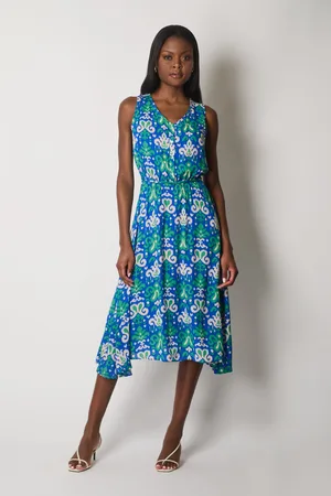 Asolo Sleeveless V-Neck Abstract Print Dress with Waist Tie