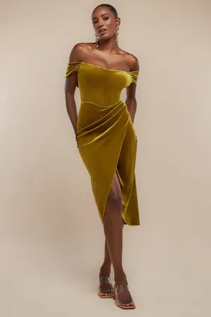 Goddiva Draped Shoulder Velvet Corset Midi