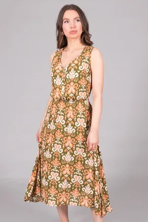 Asolo Sleeveless V-Neck Abstract Print Dress with Waist Tie