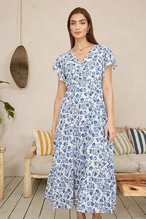 Yumi Floral Printed Broderie Anglaise Ruched Waist Midi Dress