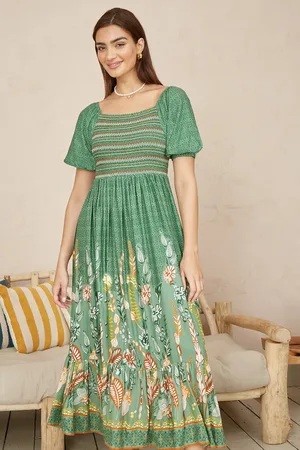 Yumi Ruched Leaf Print Maxi Dress With Puff Sleeves