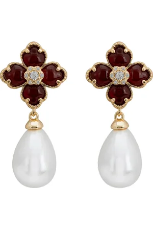 Latelita Flower Clover Pearl Drop Earrings Carnelian Gold