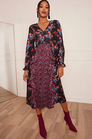 Chi Chi London Long Sleeve Plunge Floral Printed Midi Dress