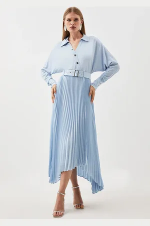 Karen Millen Jersey And Georgette Mix Belted Pleat Midi Dress