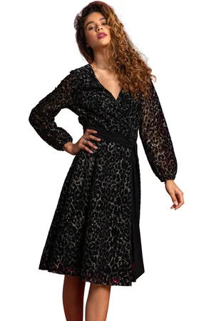 Roman Leopard Print Shimmer Lace Wrap Skater Dress