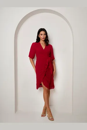 Chi Chi London Puff Sleeve Dobby Ruffle Wrap Mini Dress in