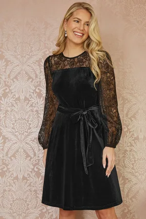 Yumi Velvet Skater Dress With Lace Sleeves