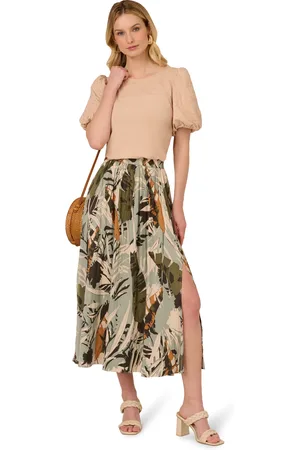 Adrianna Papell Small Pleated Pull On Midi A-Line Side Slit Skirt