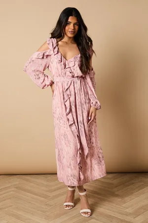 Oasis Petite Printed V Neck Cold Shoulder Belt Detail Midi Dress