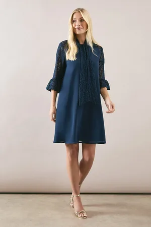 wallis Petite Lace Detail Tie Neck Shift Dress