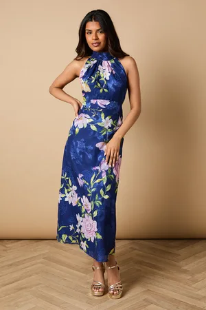 Oasis Petite Floral Satin Burnout Halterneck Midi Dress
