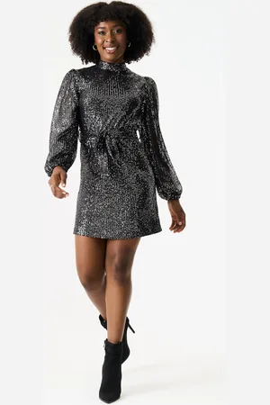 Gini London High Neck Long Sleeves Belted Sequin Dress