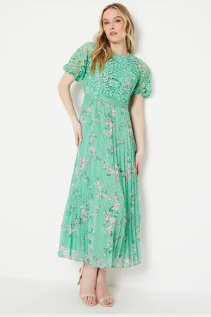 Oasis Occasion Floral Lace Bodice Pleated Midi Dress