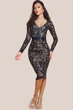 Goddiva Sequin & Mesh Midi Dress