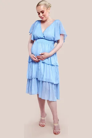 Goddiva Maternity Plain Lurex Chiffon Tiered Midi Dress