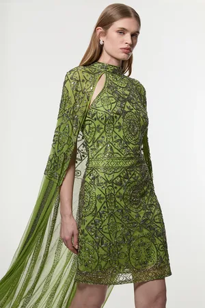 Karen Millen Petite Premium Beading And Embellished Cape Detail Woven Mini Dress