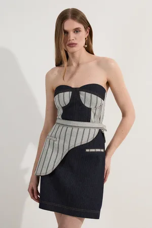 Karen Millen Stripe Denim Belt Detail Bandeau Midi Dress