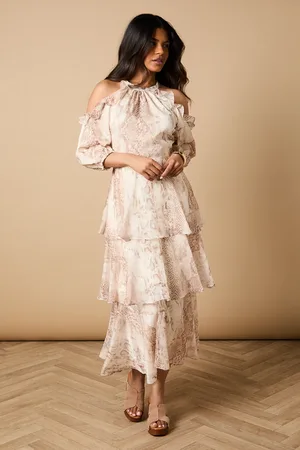 Oasis Petite Cold Shoulder Metallic Maxi Ruffle Tier Dress