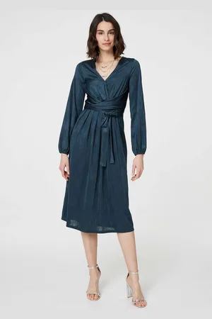 Izabel London Ruched Long Sleeve Midi Wrap Dress