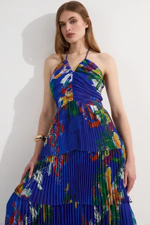 Karen Millen Tropical Georgette Crinkle Tiered Halterneck Midi Dress