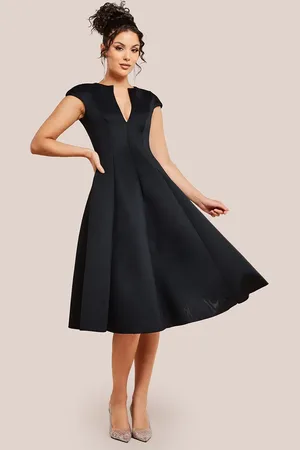 Goddiva Cap Sleeve Plunging V Neckline A-line Midi Dress