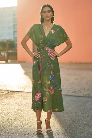 Yumi Bird and Floral Print Ruched Waist Kimono Midi Dress