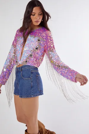 NASTY GAL Iridescent Embellished Star Tassel Jacket