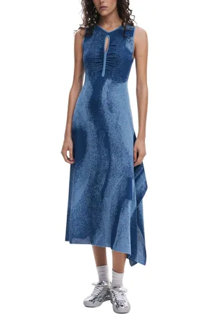 Desigual Printed Midi Dress Asymmetrical Hem Women - Dresses