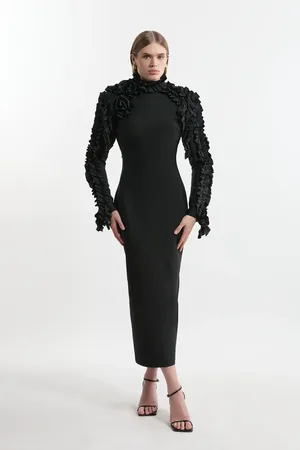 Karen Millen Figure Form Bandage Knit Rosette Detail Midi Dress