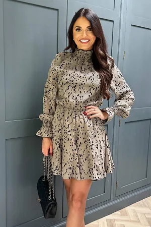 Ax Paris Animal Print Long Sleeve Shirred Detail Skater Dress