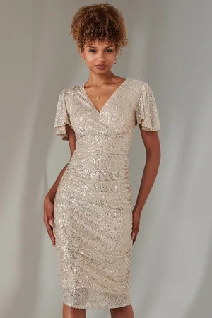 Jolie Moi Flare Sleeve Ruched Sequin Dress