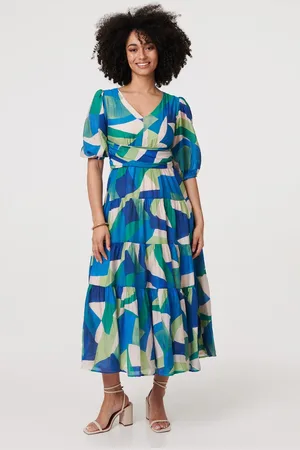 Izabel London Abstract Ruched 3/4 Sleeve Midi Dress