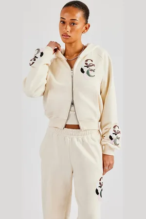 CERNUCCI Cropped Washed Layered Applique Zip Hoodie
