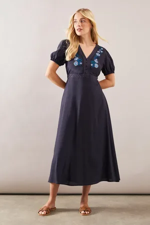 wallis Petite Embroidered Puff Sleeve V Neck Midi Dress
