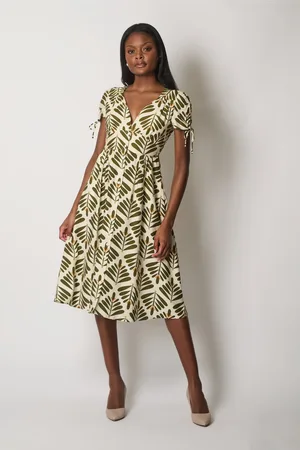 Asolo Leaf Print Midi Dress with Tie Sleeves