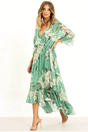 Yumi Floral Kimono Sleeves Dip Hem Wrap Midi Dress