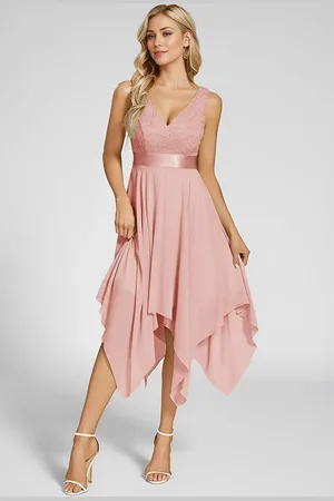 Ever Pretty Elegant Solid V neck Asymmetrical Flowing Midi Wedding guest dresses