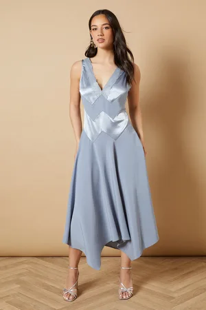 Oasis V Neck Mesh Asymmetric Midi Dress