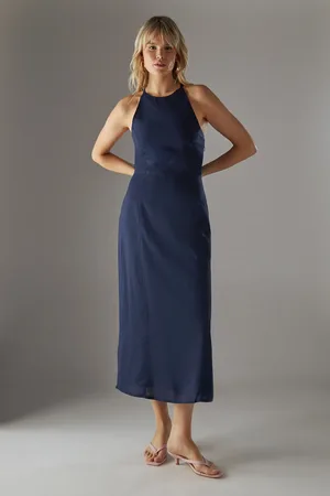 warehouse Premium Linen Blend Racer Tie Back Midi Dress