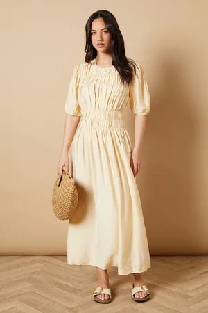 Oasis Shirred Bodice Puff Sleeve Midi Dress