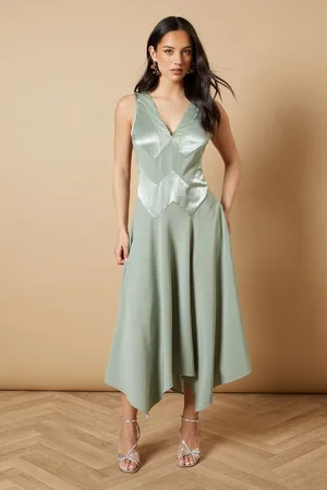 Oasis V Neck Mesh Asymmetric Midi Dress