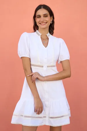 Yumi Cotton Lace Trim Skater Shirt Dress