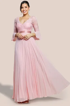 Goddiva Scalloped Lace Bodice Pleated Chiffon A Line Maxi Dress