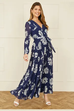 Yumi Floral Pleated Midi Wrap Long Sleeve Dress