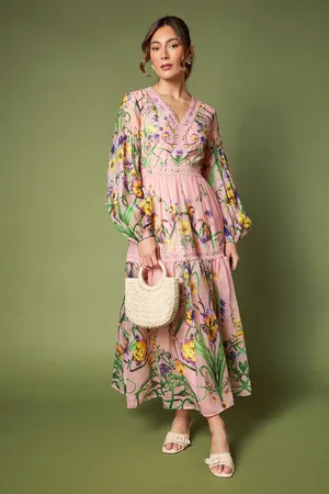 Coast Printed V Neck Long Sleeve Organza Midaxi Dress