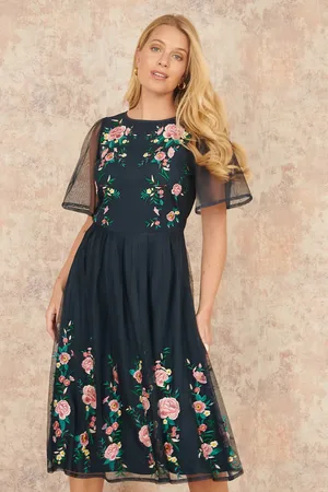 Yumi Embroidered Short Mesh Sleeve Prom Skater Dress