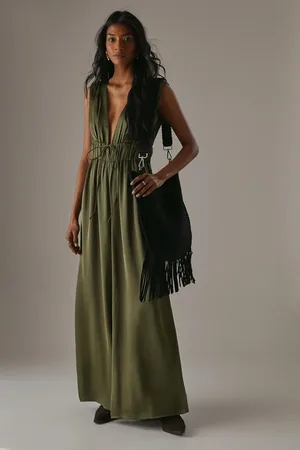 warehouse Crinkle Satin Plunge Neck Tie Detail Jumpsuit