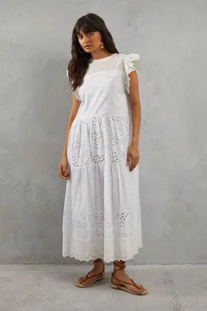 warehouse Broderie Mix Tiered Midi Dress