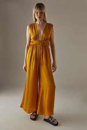 warehouse Crinkle Satin Plunge Neck Tie Detail Jumpsuit