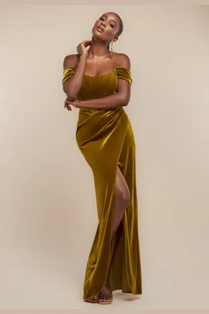 Goddiva Draped Shoulder Velvet Corset Maxi Dress